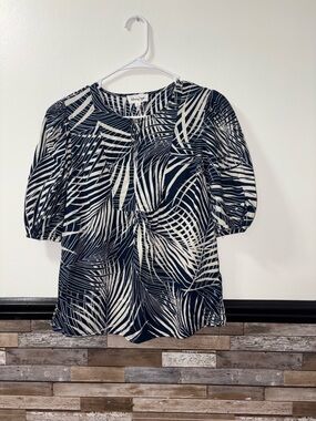 Panama Jack Navy & White Palm-Print Puff Sleeve Top Size Small